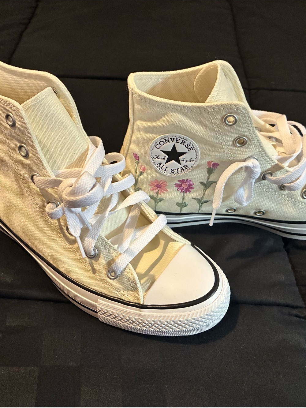 Converse High Top Sneakers in Cream with Pink Floral Embroidery